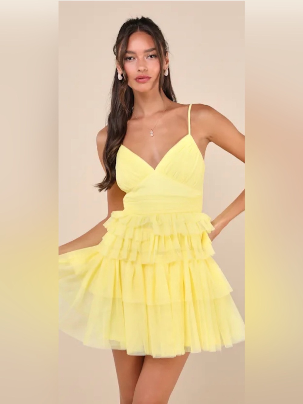 Lulus NWT Special Poise Yellow Tulle Tiered Mini Dress Homecoming Size M - Picture 3 of 14